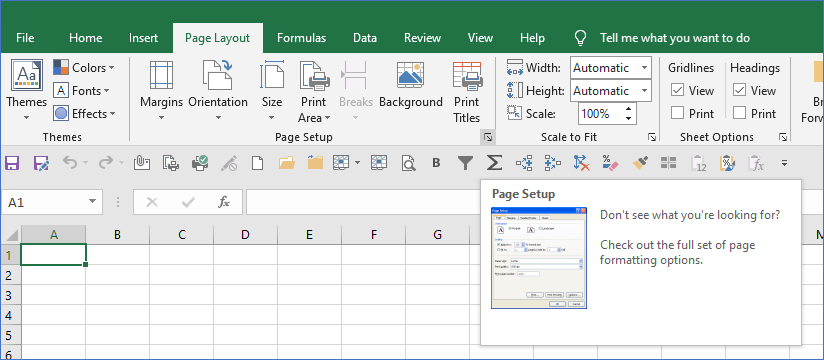 MS Excel spreadsheet showing the page setup window