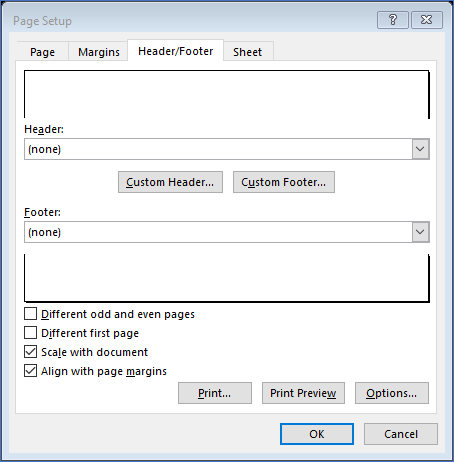 MS Excel Page Setup Pop-Up Window
