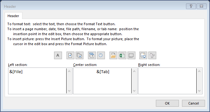 MS Excel Custom Header Setup Window