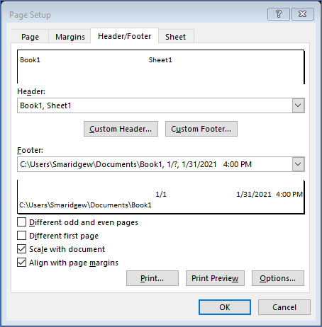 MS Excel Page Setup showing completed Custom Header and Footer